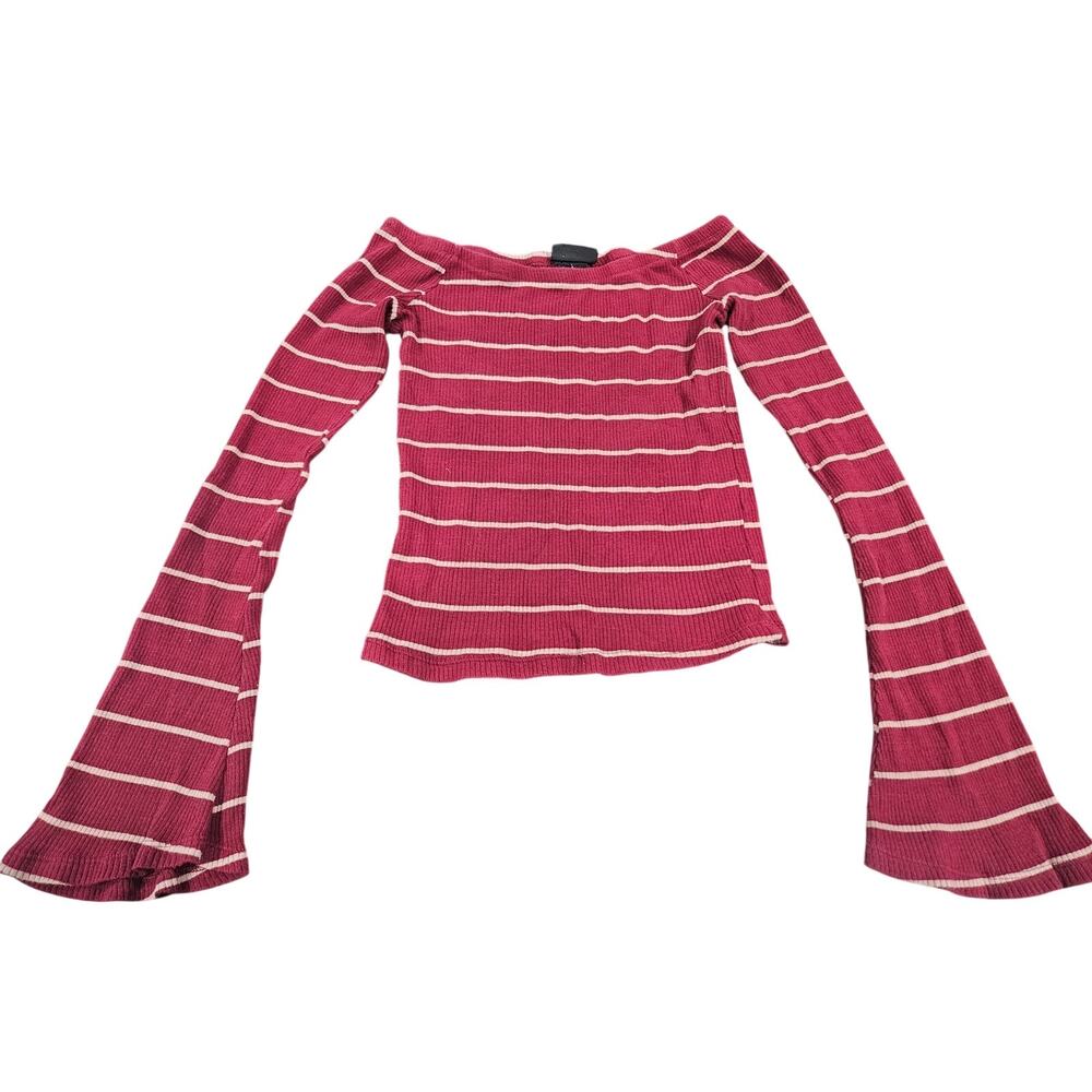 Rue21 Y2K Ribbed Bell Sleeve Crop Top XS Red Striped Long Sleeve